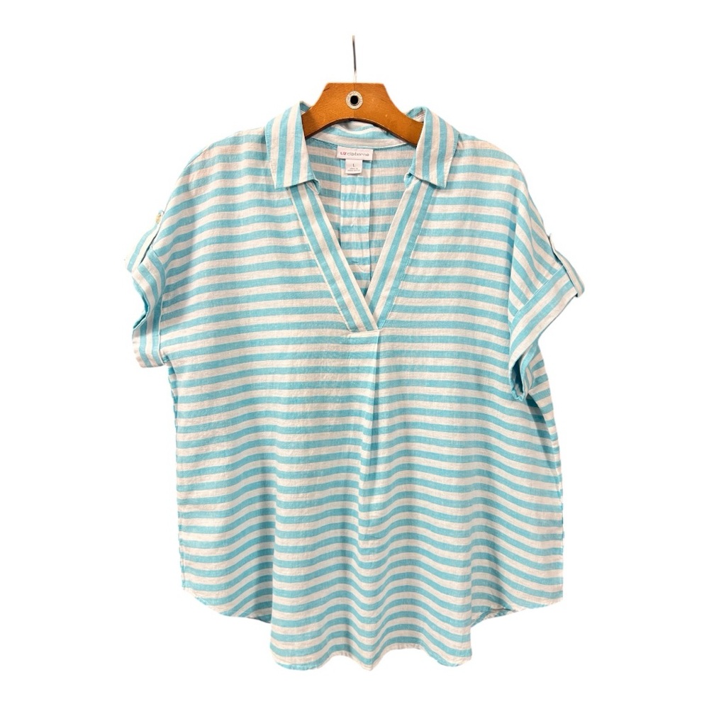 Liz Claiborne Collared Popover Striped Linen Blend Coastal Top Blue White L